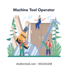 Wood products production operator concept. Wooden furniture manufacturing. Carpenter tool operator. Timber processing, wood planning. Isolated flat vector illustration