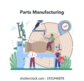 Wood products production operator concept. Wooden furniture manufacturing. Carpenter tool operator. Timber processing, wood planning. Isolated flat vector illustration