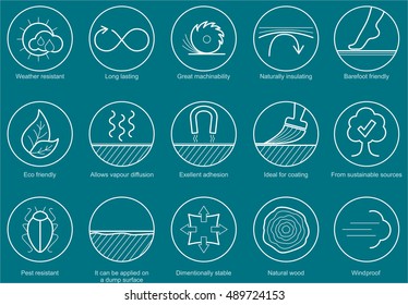 Wood properties icons. Vector thine line icon set. Circles.