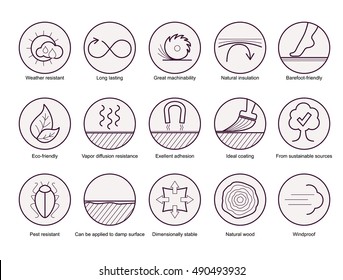 Wood properties icons. Vector thine line icon set. Circles.