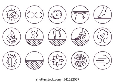 Wood properties icons. Vector thine line icon set. Circles.