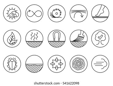 Wood properties icons. Vector thine line icon set. Circles.