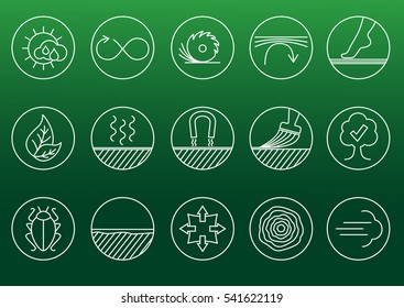Wood properties icons. Vector thine line icon set. Circles.