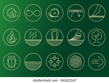 Wood properties icons. Vector thine line icon set. Circles.