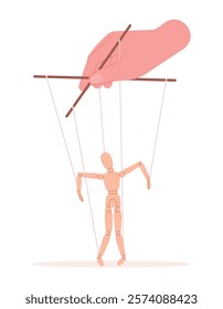 Wood puppet on strings. Manipulation on work, social life or family. Giant hand manipulated wooden marionette. Politic doll theater racy vector concept