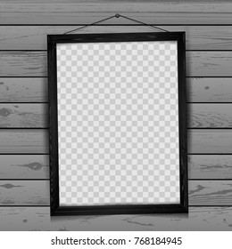 Wood rectangular art vertical frame with shadow on transparent gray wooden wall background. Modern border shape photo interior furniture framework. Portfolio template