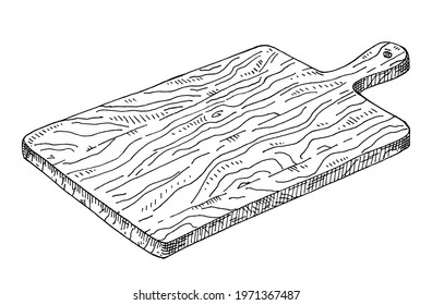 Wood rectangular cutting board. Vintage vector hatching monochrome black illustration. Isolated on white background. Hand drawn design