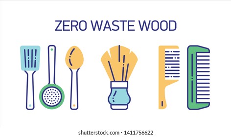 Wood recyclable tools line color icons set. Organic, natural material: kitchen tools, shaving brush, hairbrush. Zero waste lifestyle. Eco friendly. UI/UX/GUI design element. Editable stroke.