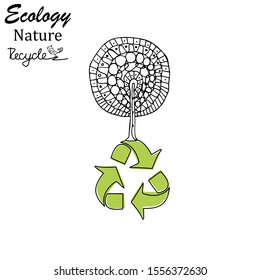 Wood and recycle sign. Black-white doodle drawing. The concept of ecology, to save the planet. Eco friendly. Environmentally friendly world. Handmade. Vector illustration. Recycling. Hand drawn.