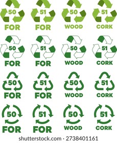 Wood recycling codes for wood and cork displayed in various styles and formats