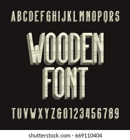 Wood retro alphabet vector font. 3D wooden sans serif type letters and numbers. Vintage vector typography for labels, headlines, posters etc.