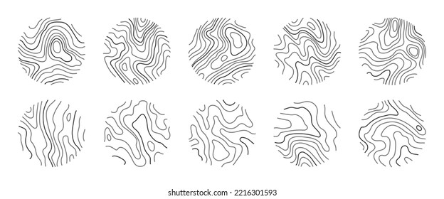 Textura de anillo de madera, anillo de árbol del logo vectorial. Mapa de topografía de línea, trazo editable. Ilustración 3D