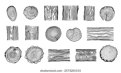 Wood rings. Round tree trunk cut with growth lines, wooden circle log with natural textured surface, carpentry material flat style. Vector isolated set.