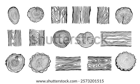 Wood rings. Round tree trunk cut with growth lines, wooden circle log with natural textured surface, carpentry material flat style. Vector isolated set.