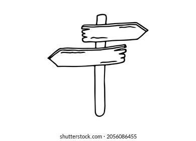 A wood road sign editable doodle hand drawn icon. A directional arrows post. Hiking, trekking, tourism illustration