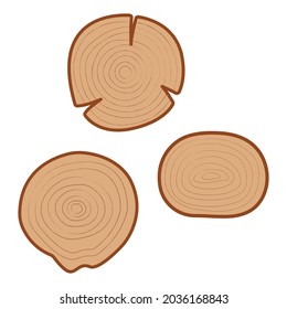 Wood round pieces with rings vector illustration. Hand drawn wooden slab icons. Cut slices of trees