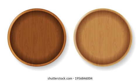 Wood round plates Vector realistic. Product placement mock up elements. 3d detailed illustration