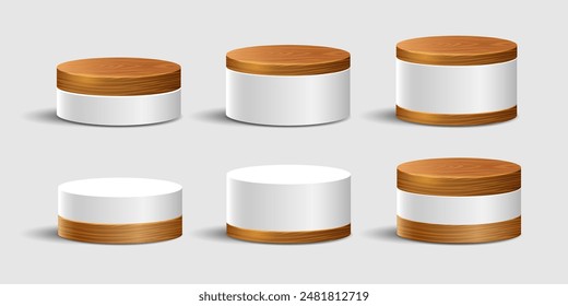 
Wood round podium  for product display presentation. 3d vector set geometric pedestal,platform. Wooden Minimal scene template design