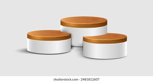 Wood round podium,platform for product display presentation.3d vector geometric pedestal. Wooden Minimal scene template design