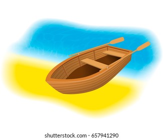 Wood rowboat on the beach. Sailing boat with paddles standing on a sand shore of sea. Vector illustration.