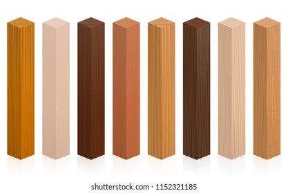 Wood samples. Wooden blocks, posts or sticks with different textures, colors, glazes, from various trees to choose. Isolated vector illustration on white background.