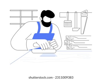 Wood sanding abstract concept vector illustration. Worker deals with wood sanding, light industry, woodworking equipment usage, mass-production line, carpenters job abstract metaphor.