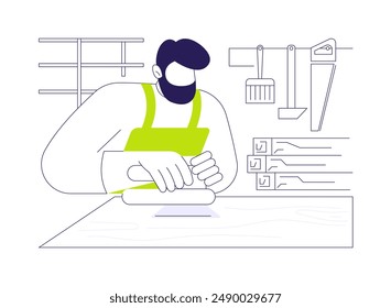 Wood sanding abstract concept vector illustration. Worker deals with wood sanding, light industry, woodworking equipment usage, mass-production line, carpenters job abstract metaphor.