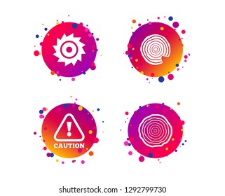 Wood and saw circular wheel icons. Attention caution symbol. Sawmill or woodworking factory signs. Gradient circle buttons with icons. Random dots design. Vector
