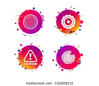 Wood and saw circular wheel icons. Attention caution symbol. Sawmill or woodworking factory signs. Gradient circle buttons with icons. Random dots design. Vector