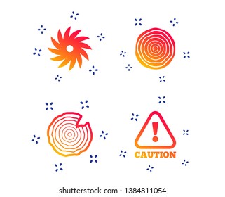 Wood and saw circular wheel icons. Attention caution symbol. Sawmill or woodworking factory signs. Random dynamic shapes. Gradient saw icon. Vector