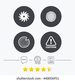Wood and saw circular wheel icons. Attention caution symbol. Sawmill or woodworking factory signs. Chat, award medal and report linear icons. Star vote ranking. Vector