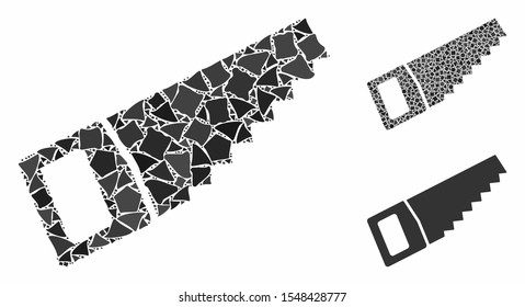 Wood saw composition of rough items in variable sizes and color tints, based on wood saw icon. Vector humpy items are organized into composition. Wood saw icons collage with dotted pattern.