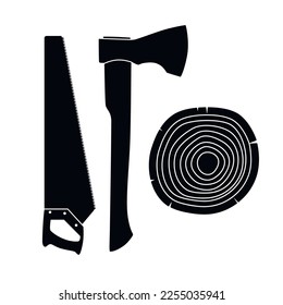 Wood saw, hatchet, saw cut wood black and white image. Harvesting of logs.