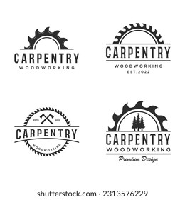 La madera vio el diseño de logotipo premium con herramientas de carpintería vintage.Logo para negocios, carpintería, leñador, etiqueta, placa.