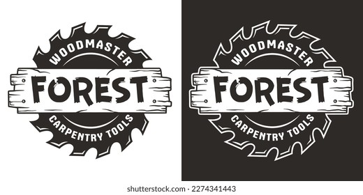 Wood saw for slice of tree or timber for logo and design of workshop or sawmill. Blade or circular saw with forest for sawing of lumberman or lumberjack.