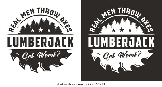 Wood saw for slice of tree or timber for logo and design of workshop or sawmill. Blade or circular saw with forest for sawing of lumberman or lumberjack.