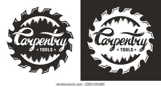 Wood saw for slice of tree or timber for logo and design of workshop or sawmill. Blade or circular saw with forest for sawing of woodmaster or carpenter.