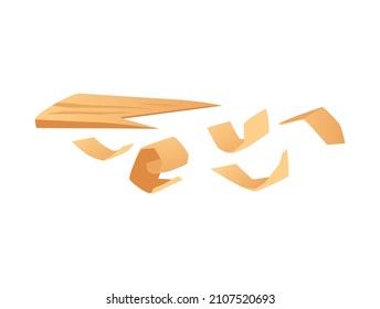 Wood sawdust and shavings icons set, flat cartoon vector illustration isolated on white background. Woodworking residues and wood industry raw materials.