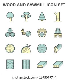 Diseño de conjunto de iconos vectoriales de la industria de la madera y aserradero.