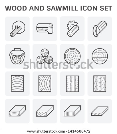 Wood, sawmill industry vector icon i.e. process of felling, cutting, lifting and square sawing. Include tree, timber and wood product i.e. plank, board, lumber and girder for woodworking, construction