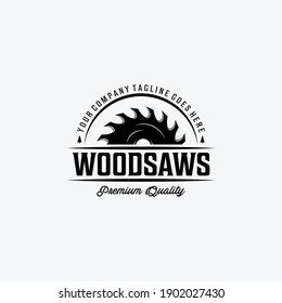 Wood saws Vintage Logo with Wood Working, Design of Chainsaw Vector Illustration, Concept of Carpentry