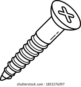 Wood screws with flat head. Vector outline illustration.