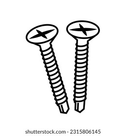 Wood screws with flat head. Vector outline illustration.