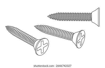 Parafusos de madeira - ilustração vetorial preto e branco isométrica desenhada à mão.