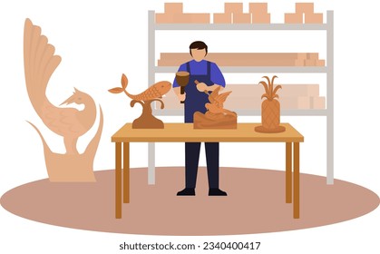wood sculpture vector illustration, carpentry carving wood in workbench illustration, craftsman carve with a gouge in the hands, wood craft shop