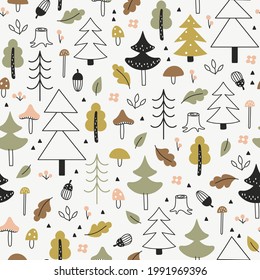 Wood seamless pattern on light background. Forest plants mushrooms leaves and berries. Baby cartoon vector illustration in  Scandinavian style.