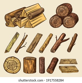 Wood set. Planks and logs, lumber and Cuts, Firewood in vintage style. Pieces of Tree. Vector illusion for signboard, labels, logo or banner. Campfire material. Engraved Hand drawn sketch.