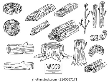 Wood set. Planks and logs, lumber and Cuts, Firewood in vintage style. Pieces of Tree. Vector illusion for signboard, labels, logo or banner. Campfire material. Engraved Hand drawn sketch.