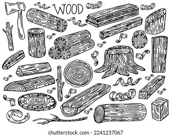 Wood set. Planks and logs, lumber and Cuts, Firewood in vintage style. Pieces of Tree. Vector illusion for signboard, labels, logo or banner. Campfire material. Engraved Hand drawn sketch.