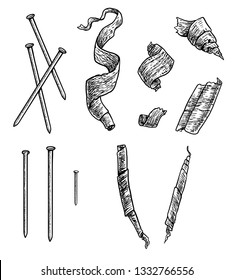 Wood shavings, nails illustration, drawing, engraving, ink, line art, vector